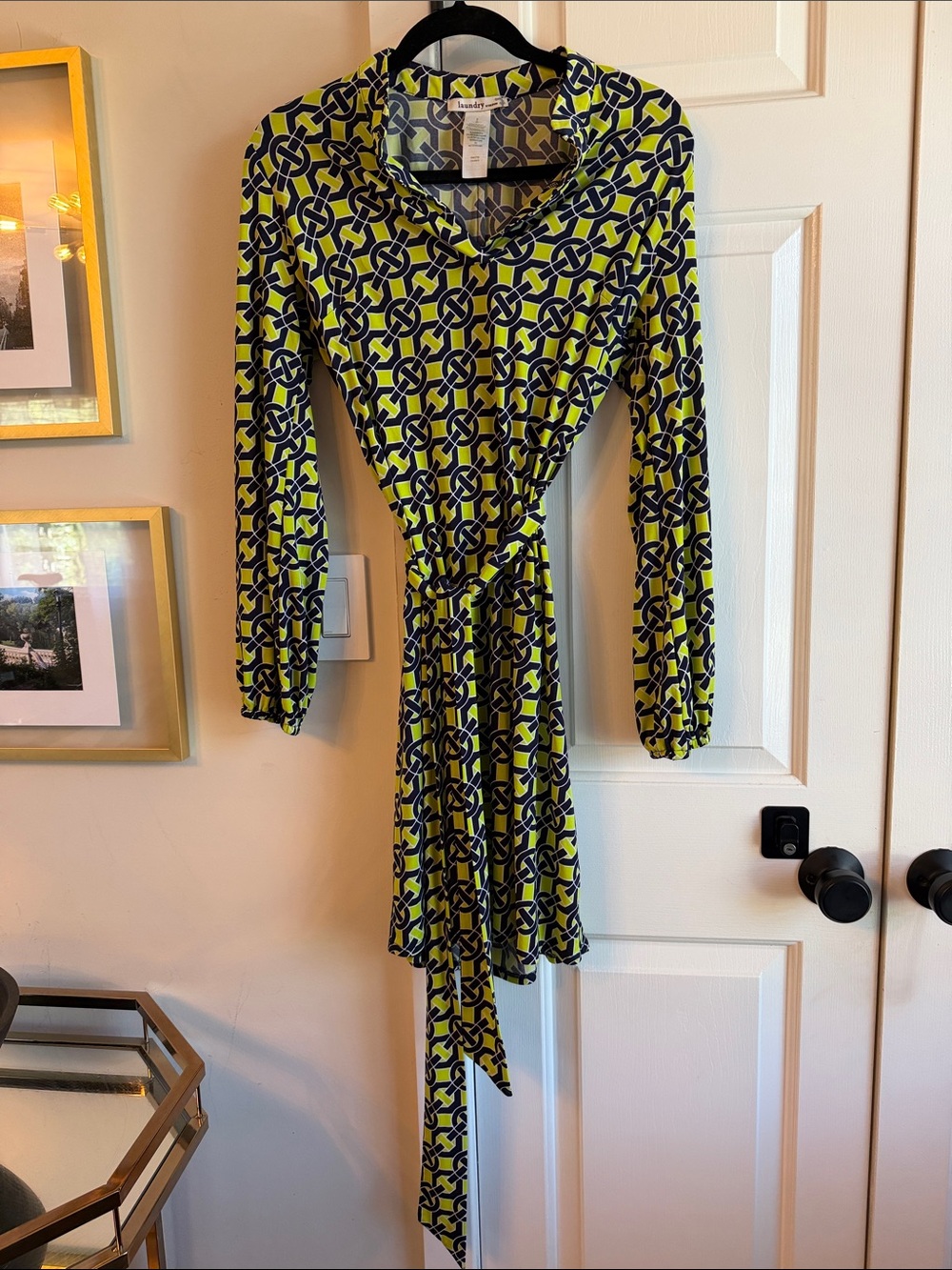 Geometric Print Wrap Dress in Lime & Navy